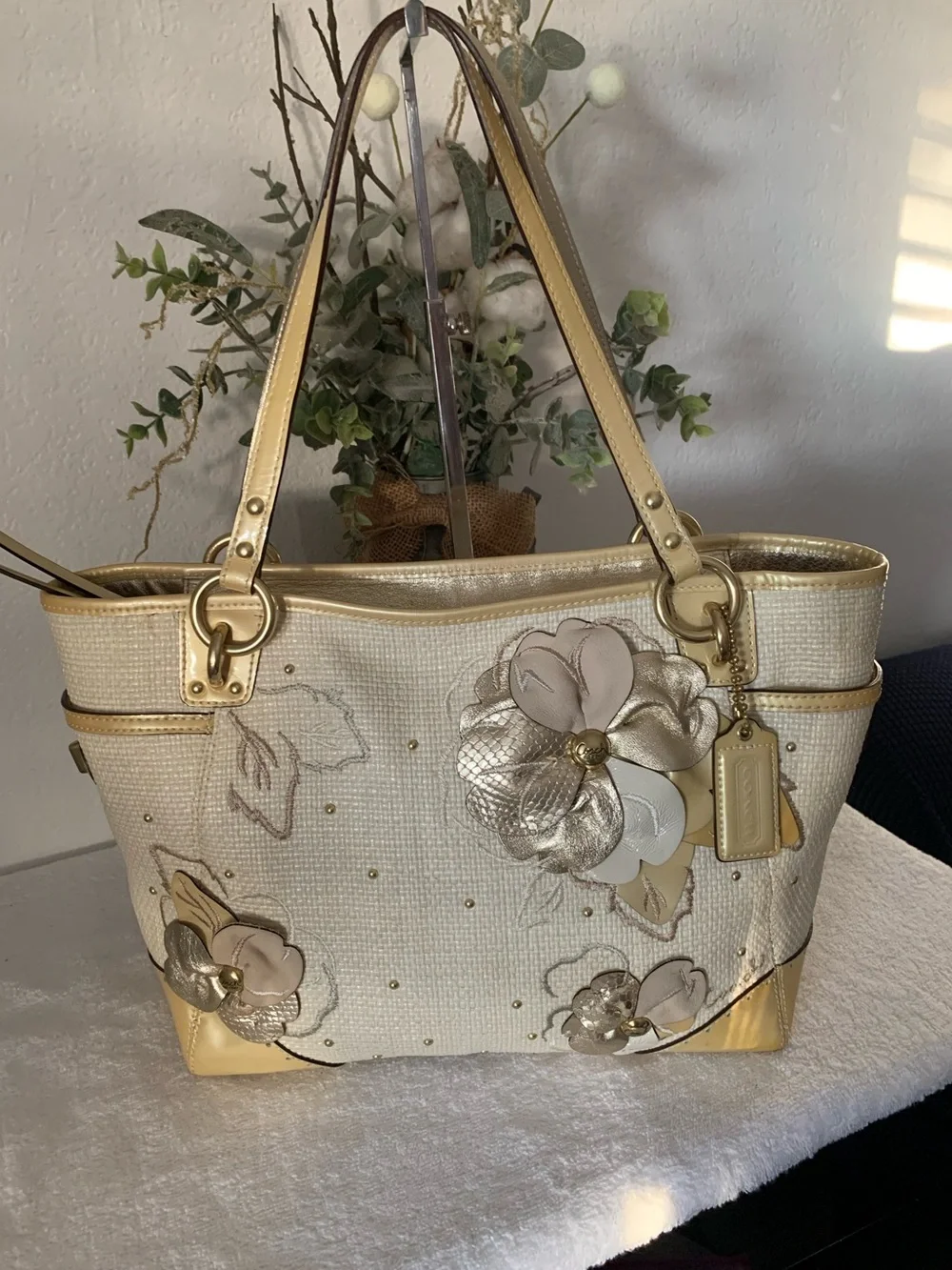 Coach Limited Edition Hampton Cream Tote with Gold Floral Appliqués